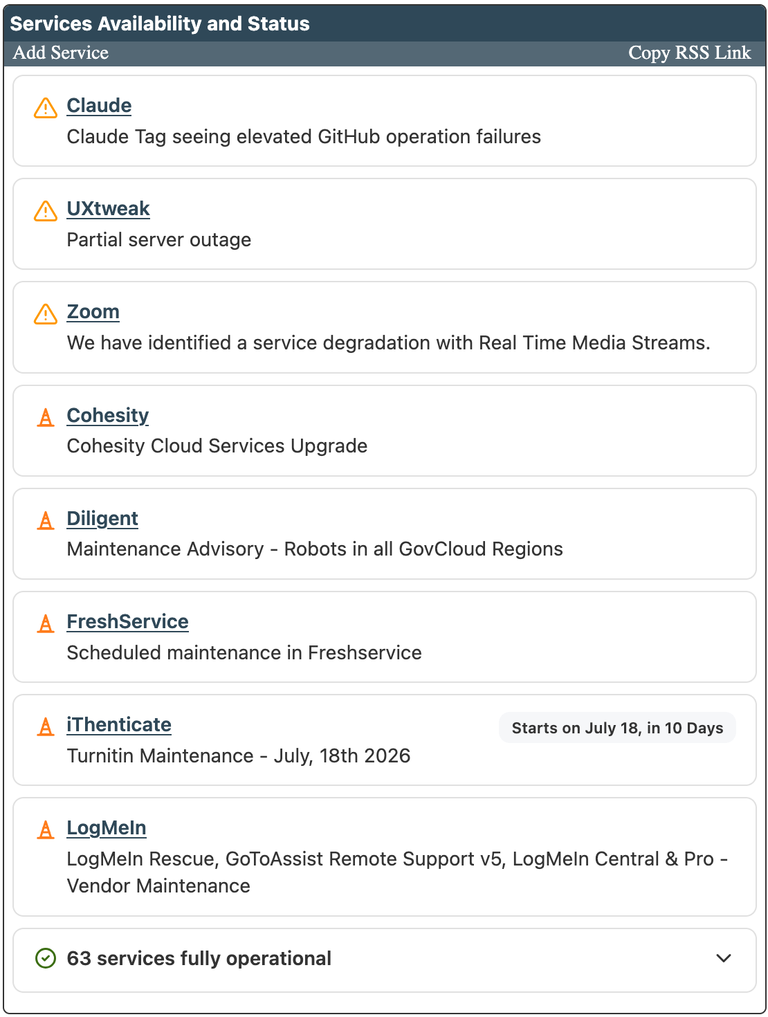 Service status monitoring dashboard